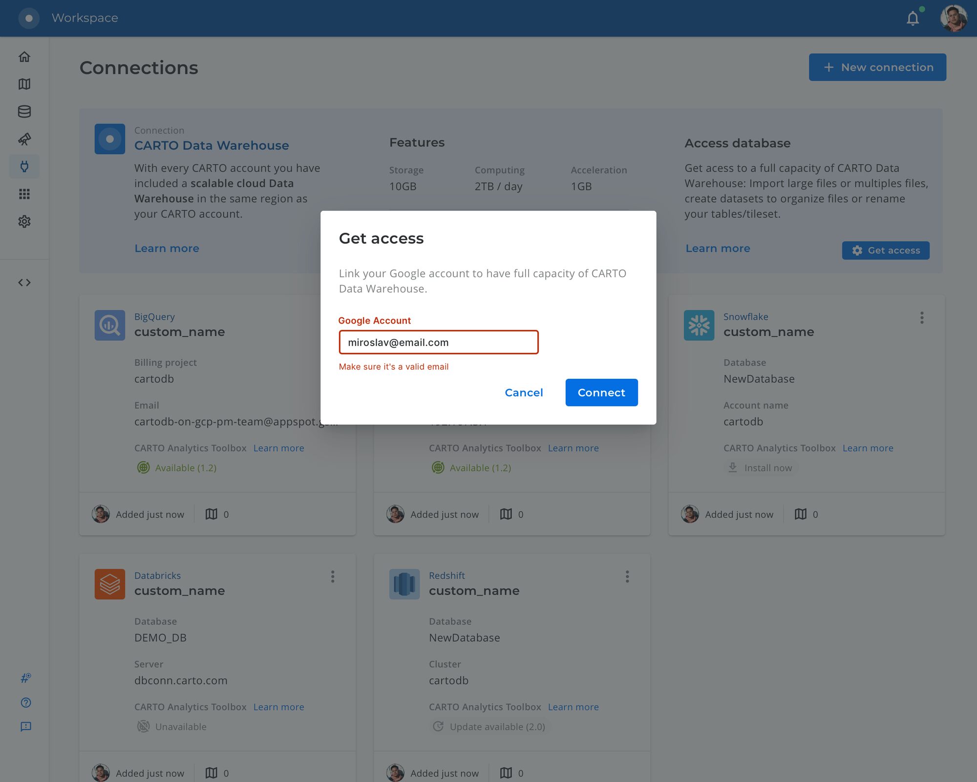 Get access dialog with an error on the Google account field