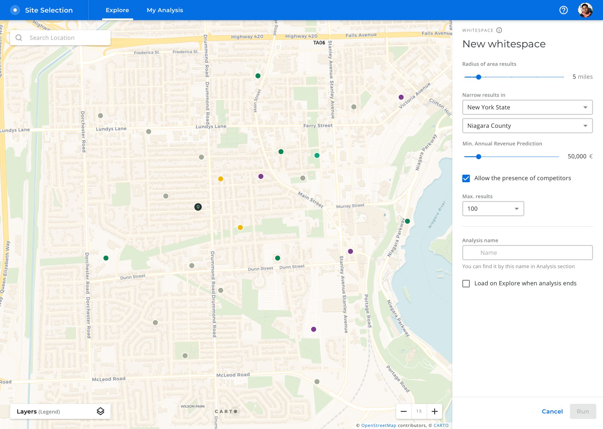 Site selection map with a whitespace analysis panel