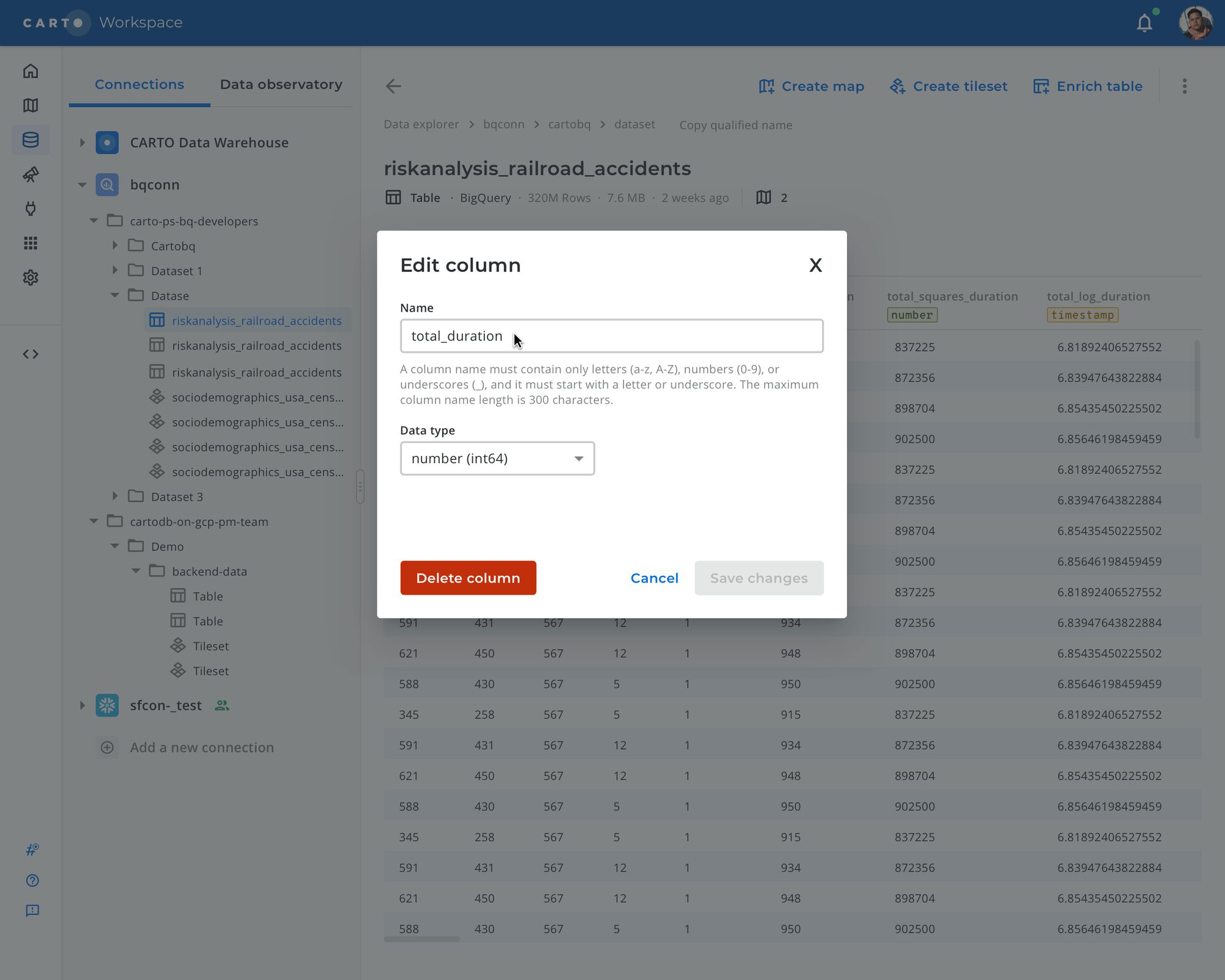 Edit column dialog in the Data Explorer